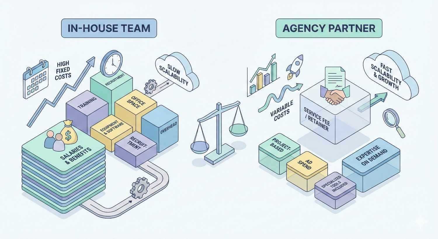 Isometric comparison of an in-house team versus an agency partner. It highlights in-house fixed costs, salaries, training, and slower scalability contrasted with agency variable costs, service retainers, on-demand expertise, faster scalability, and growth-focused flexibility.