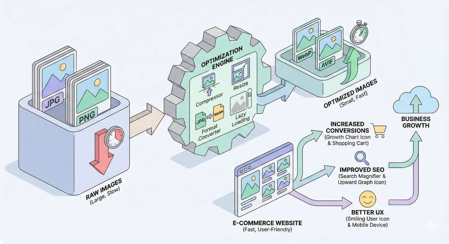 Infographic showing image optimization for e-commerce: raw JPG and PNG images processed through compression, resizing, format conversion, and lazy loading to WebP/AVIF. Results include faster website speed, improved SEO, better user experience, increased conversions, and business growth.