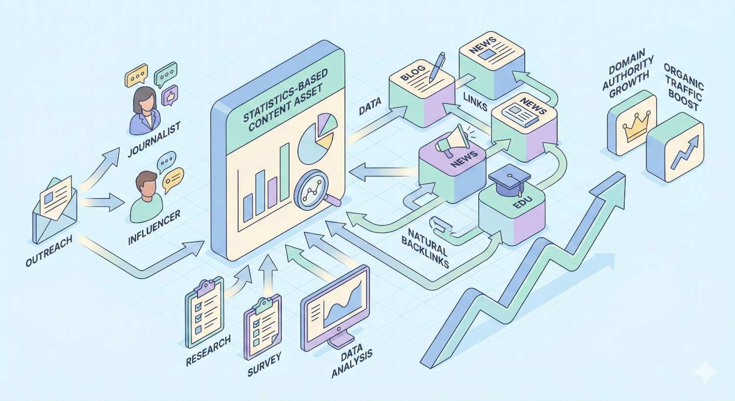 Infographic illustrating statistics-based content marketing: research, surveys, and data analysis create a content asset. Outreach to journalists and influencers leads to blog and news coverage, generating natural backlinks. Results show domain authority growth and increased organic traffic.