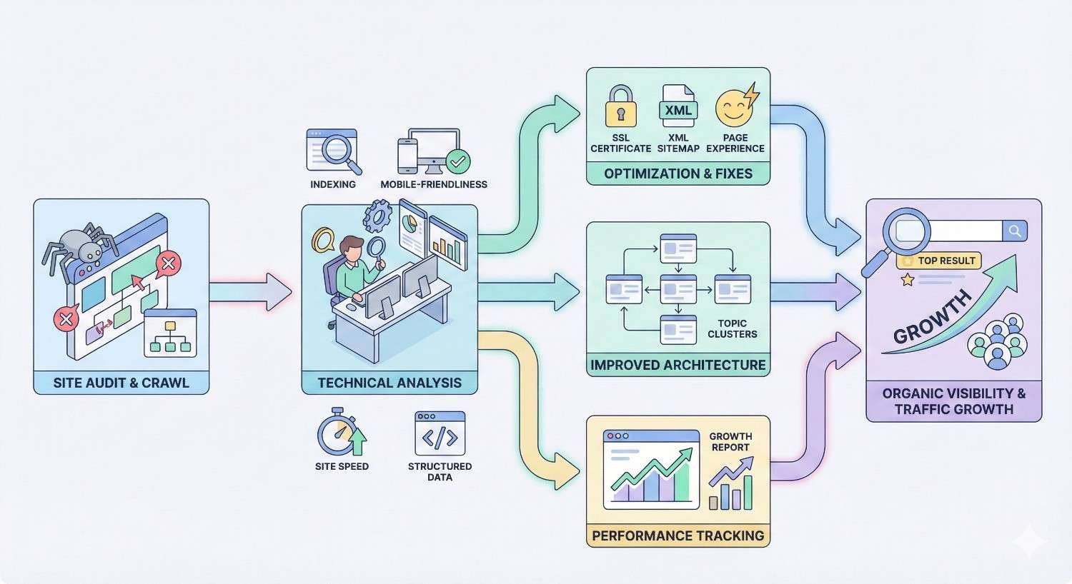 Diagram illustrating a technical SEO workflow from site audit and crawl to technical analysis, optimization and fixes, improved site architecture, and performance tracking, ultimately leading to organic visibility, higher rankings, increased traffic, and sustainable website growth.