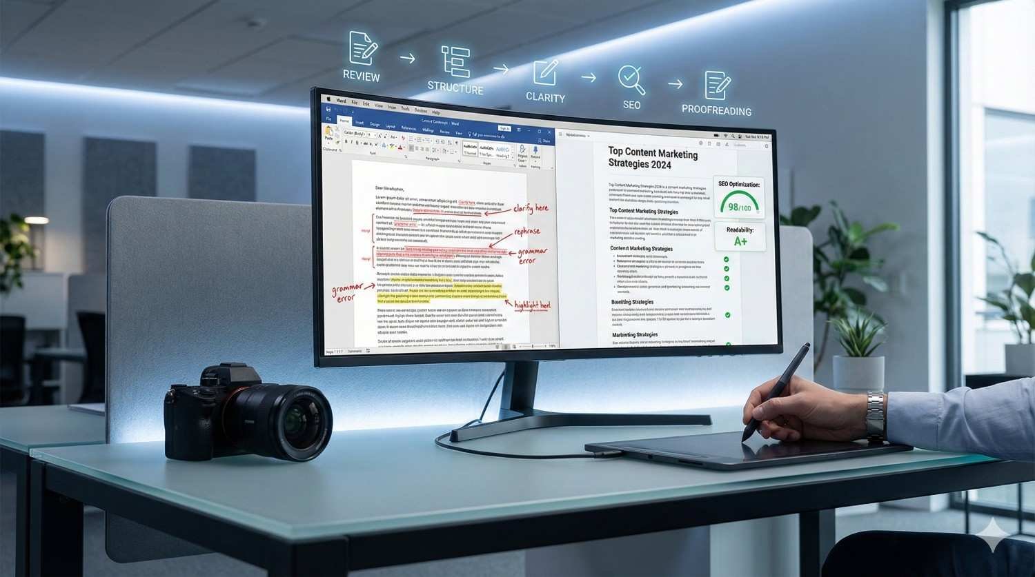 A modern office desk setup shows a wide monitor displaying edited documents and content marketing analysis with review notes, SEO scores, and proofreading icons above the screen, while a person uses a stylus tablet nearby and a camera sits on the desk.