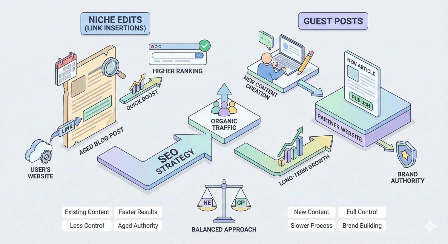 Infographic comparing SEO strategies: niche edits (link insertions) using aged blog posts for quick ranking boosts and faster results, versus guest posts creating new content on partner websites for long-term growth and brand authority. A balanced approach connects both to increase organic traffic.