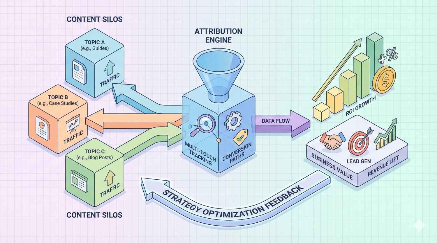 Diagram showing content silos (topics A, B, C) driving traffic into an attribution engine with multi-touch tracking and conversion paths. Data flows to ROI growth, lead generation, revenue lift, and business value, with a strategy optimization feedback loop connecting results back to content planning.