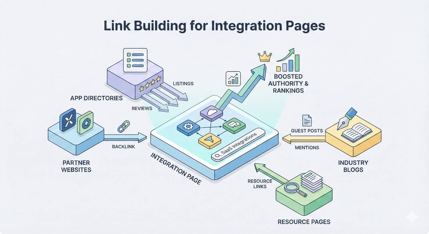 Isometric illustration explaining link building for SaaS integration pages. A central integration page receives backlinks from app directories, partner websites, industry blogs, and resource pages. Arrows, reviews, and listings show increased authority, stronger rankings, and improved search visibility