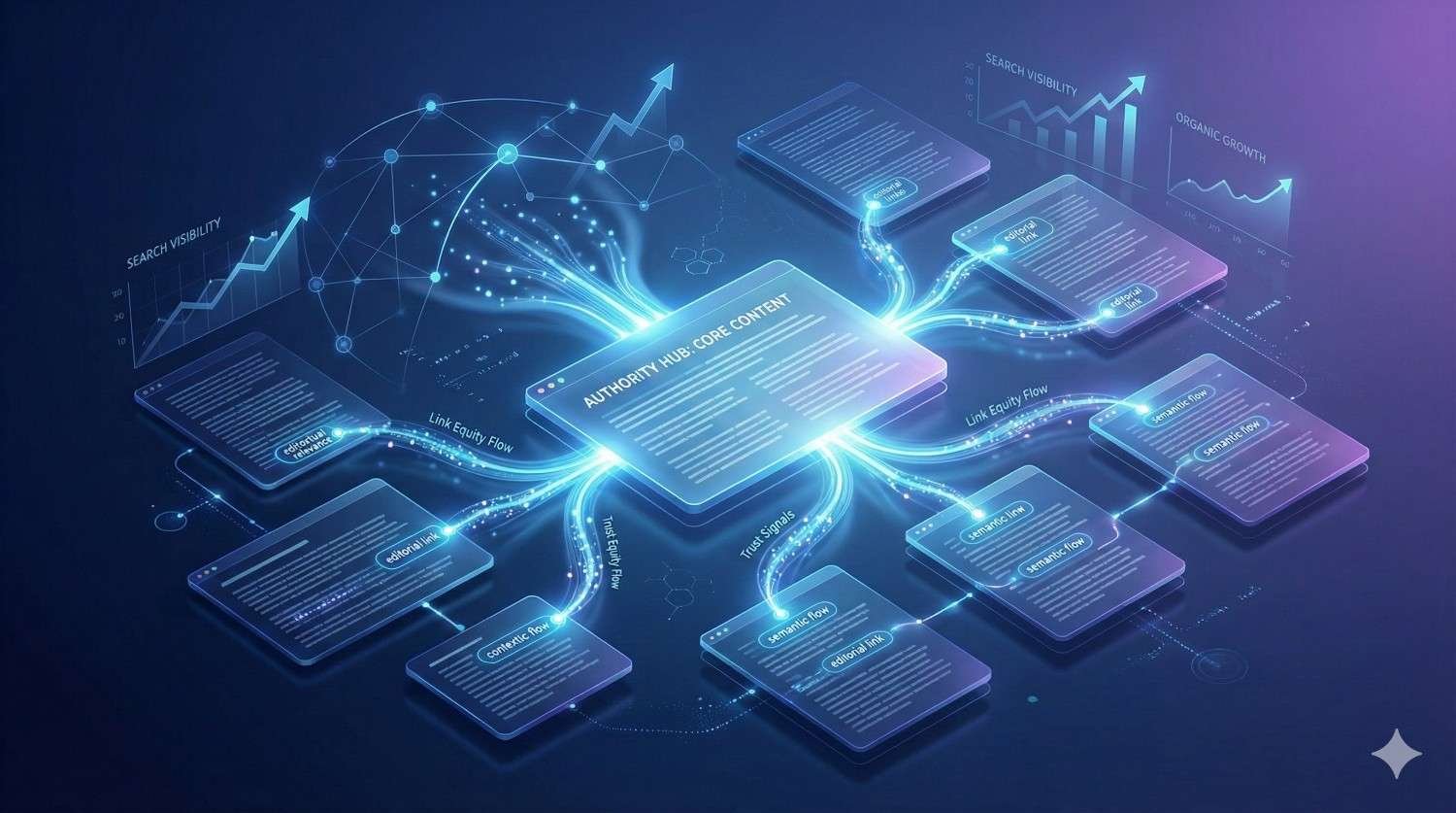Glowing digital diagram showing an “Authority Hub – Core Content” at the center with branching content modules, flowing link equity paths, and upward charts for search visibility and organic growth, illustrating a hub-and-spoke SEO content strategy in a futuristic data-visualization style.