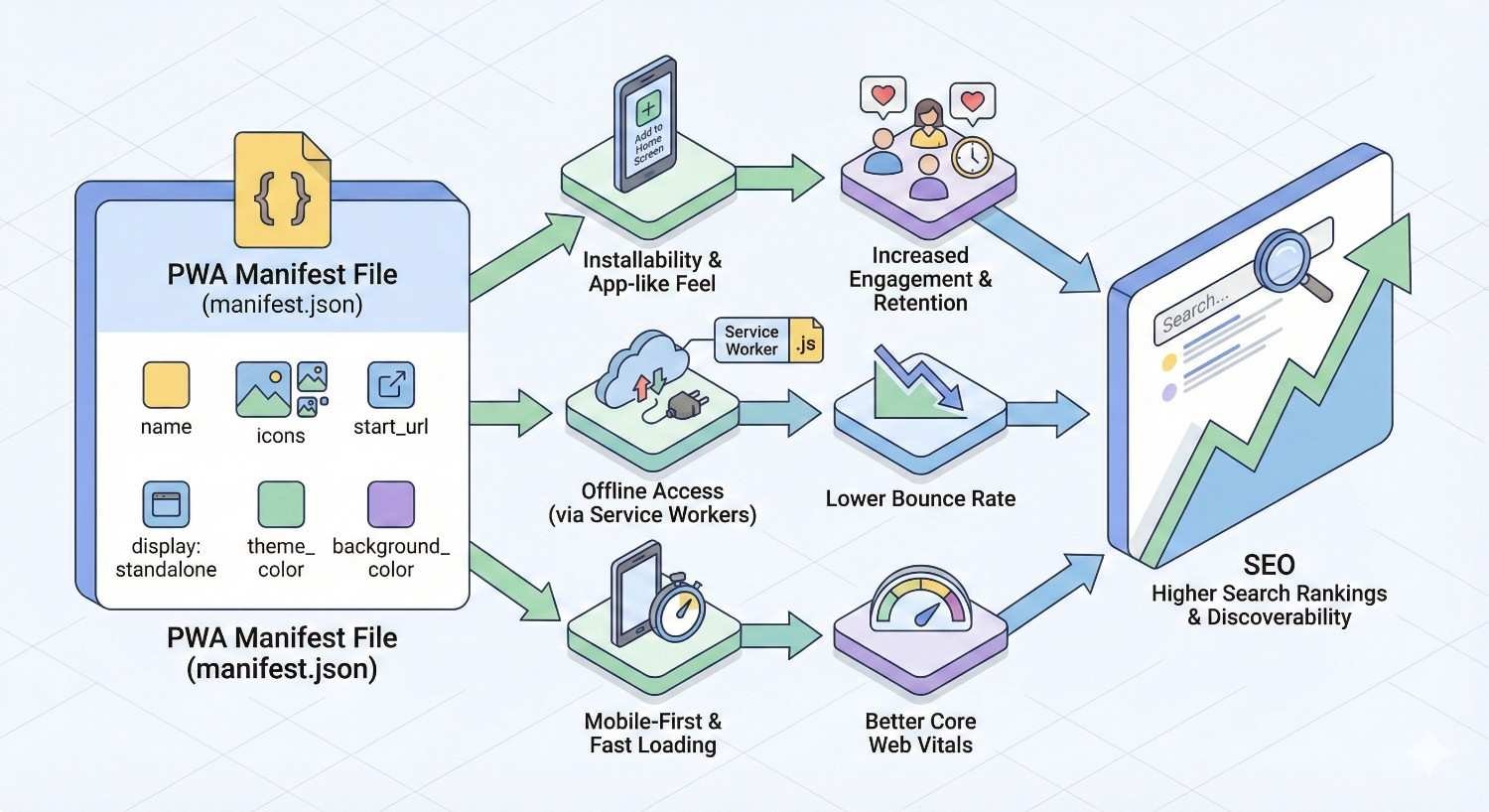 Infographic showing how a PWA manifest file (manifest.json) enables installability, app-like experience, offline access via service workers, mobile-first fast loading, lower bounce rate, better Core Web Vitals, increased engagement, and improved SEO rankings and discoverability.