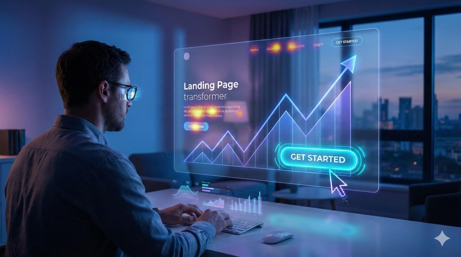 A man works on a laptop in a dimly lit room while a transparent futuristic interface displays a “Landing Page Transformer,” rising charts, and a glowing “Get Started” button, suggesting digital marketing, analytics, and website optimization with a city skyline outside the window.