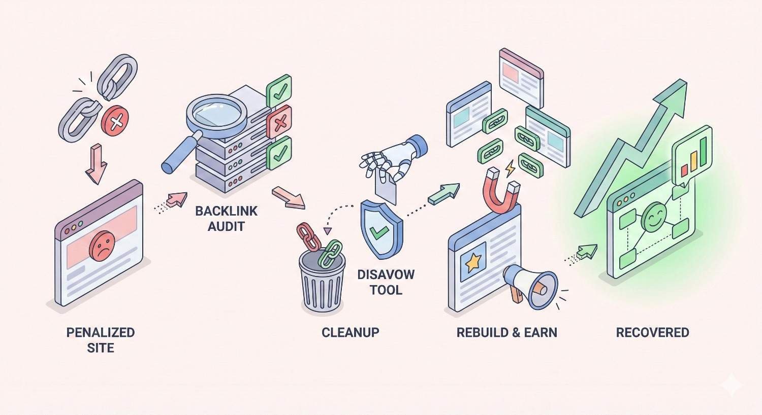 Infographic showing SEO recovery steps: a penalized site, backlink audit, cleanup and disavowal of bad links, rebuilding and earning quality links, and final recovery with upward charts and positive indicators.