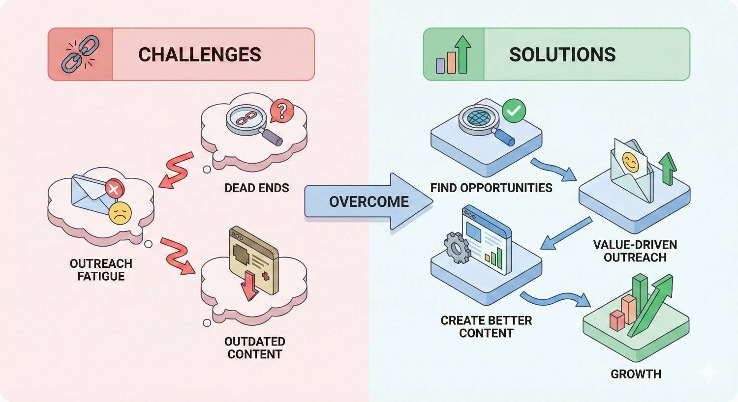 Split infographic showing link-building challenges and solutions. Left: challenges include outreach fatigue, dead ends, and outdated content. Right: solutions involve finding opportunities, creating better content, and value-driven outreach, leading to growth illustrated by an upward chart.