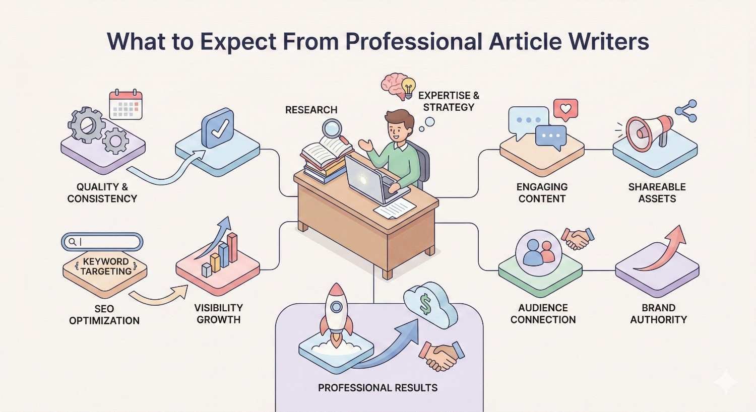 Illustration titled “What to Expect From Professional Article Writers” showing a writer researching at a desk, connected to icons for quality, SEO, visibility growth, engaging content, shareable assets, audience connection, brand authority, and professional results through arrows and diagrams.