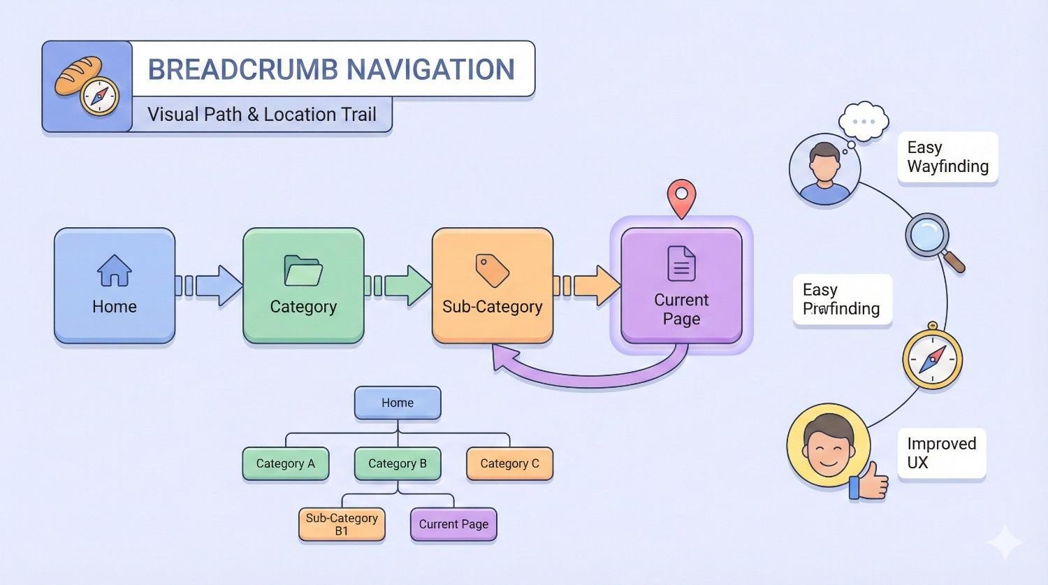Infographic titled “Breadcrumb Navigation” showing a visual path from Home to Category, Sub-Category, and Current Page. Includes a small site hierarchy map and icons highlighting easy wayfinding, page finding, and improved user experience through clear location trails.