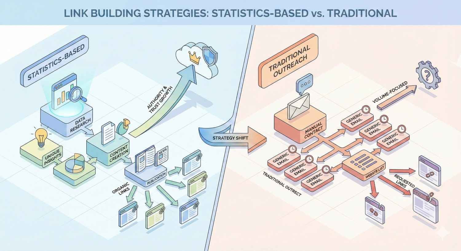 Infographic comparing link building strategies: statistics-based approach focuses on data research, unique insights, content creation, and organic links driving authority and trust growth. Traditional outreach relies on manual contact, generic emails, volume-focused tactics, and requested links, highlighting a strategic shift toward data-driven SEO.