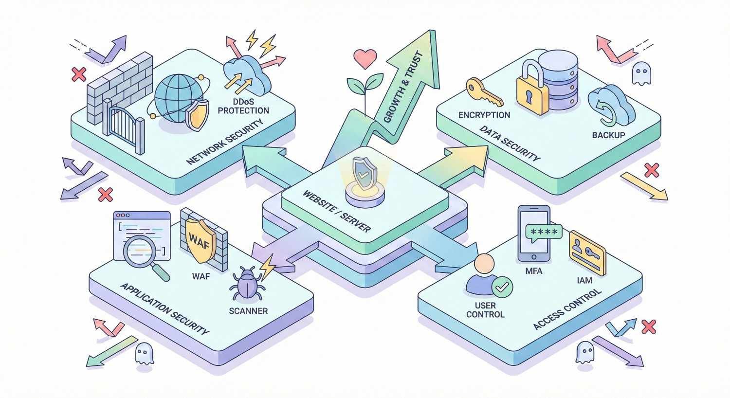 Infographic showing website server security layers: network security with DDoS protection, application security with WAF and scanner, data security with encryption and backups, and access control with MFA and IAM. Arrows indicate growth and trust, highlighting comprehensive protection against cyber threats.