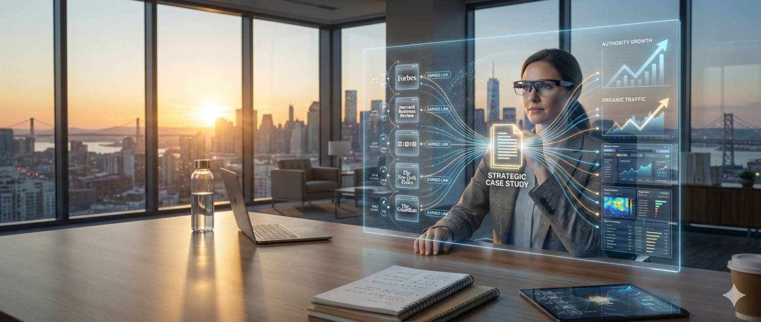 Professional woman in a modern office overlooking a city skyline at sunset, viewing a futuristic transparent screen displaying SEO metrics, authority growth, organic traffic charts, backlinks, and a strategic case study dashboard on her desk.