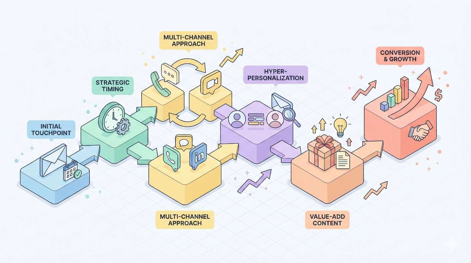 Diagram of an outreach journey from initial touchpoint through strategic timing and multi-channel contact to hyper-personalization, value-add content, and conversion and growth, shown with icons for email, calls, LinkedIn, gifts, charts, and arrows.