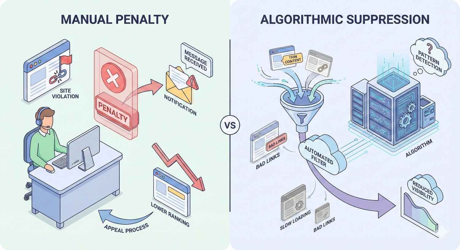 Split infographic comparing manual penalties and algorithmic suppression: manual shows site violations, notifications, ranking drops, and appeal processes, while algorithmic filtering detects patterns, thin content, bad links, and slow pages, automatically reducing site visibility without direct messages.
