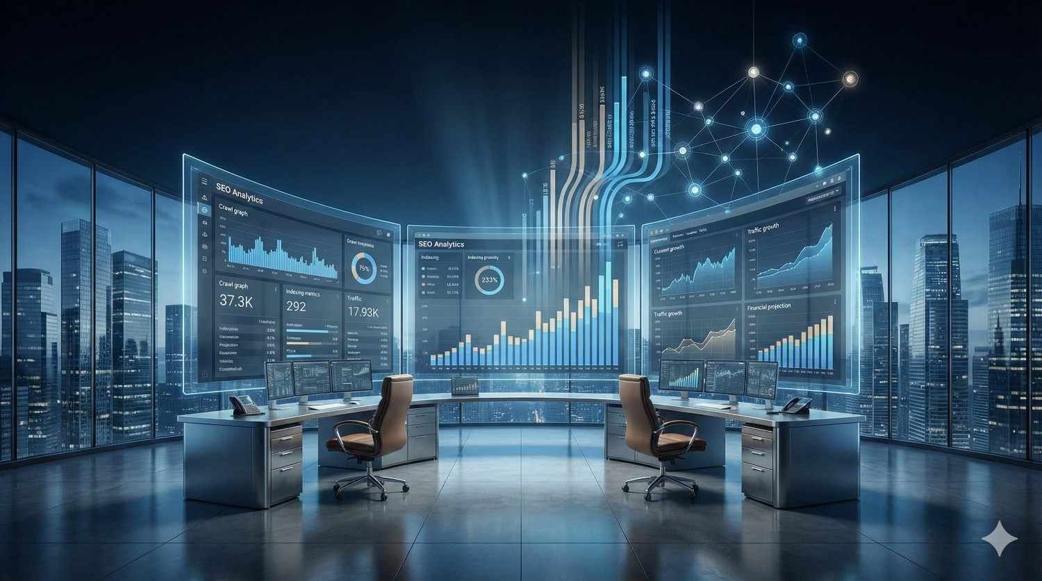 Futuristic SEO analytics control room with large transparent dashboards displaying traffic growth, keyword performance, rankings, and data visualizations, set in a modern office overlooking a city skyline, emphasizing advanced data-driven SEO strategy and performance monitoring.
