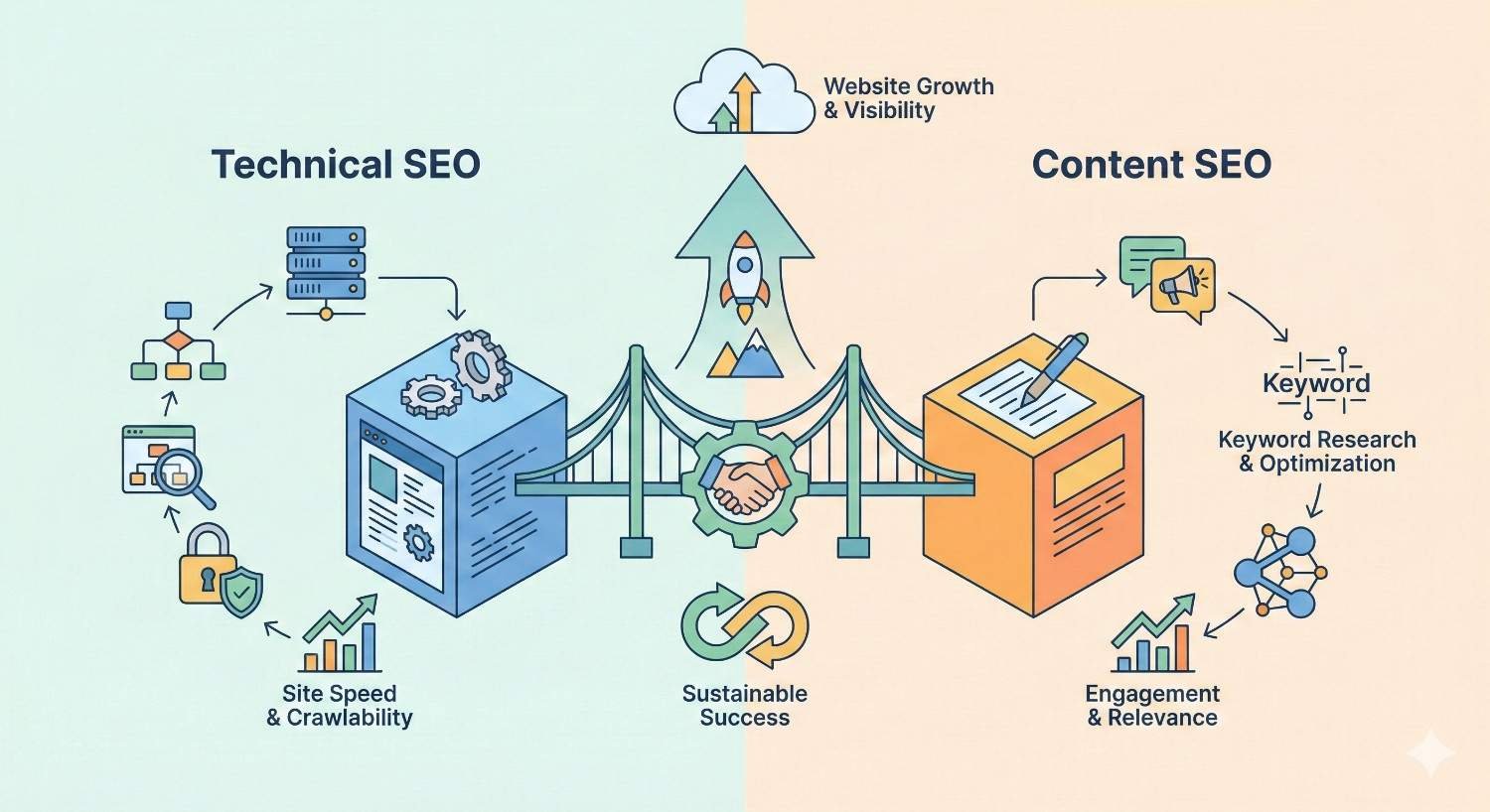 Illustration comparing technical SEO and content SEO, showing technical elements like site speed and crawlability on one side and keyword research, content optimization, and engagement on the other, connected by collaboration and leading to website growth, visibility, and sustainable long-term SEO success.