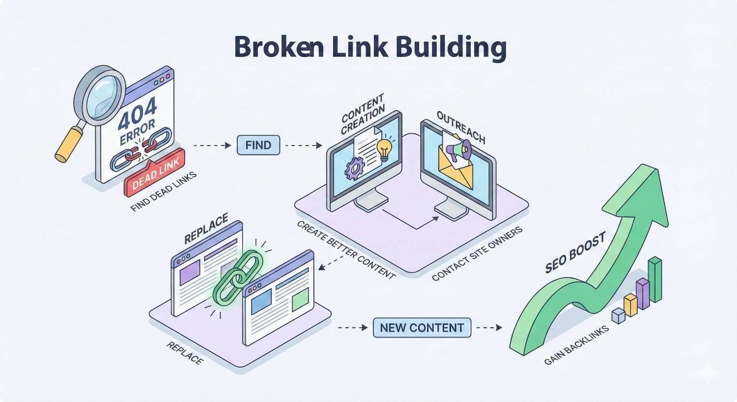 Infographic titled “Broken Link Building” showing the process: find 404 dead links, create better replacement content, conduct outreach to site owners, replace links with new content, and gain backlinks, resulting in an SEO boost illustrated by a rising arrow and bar chart.