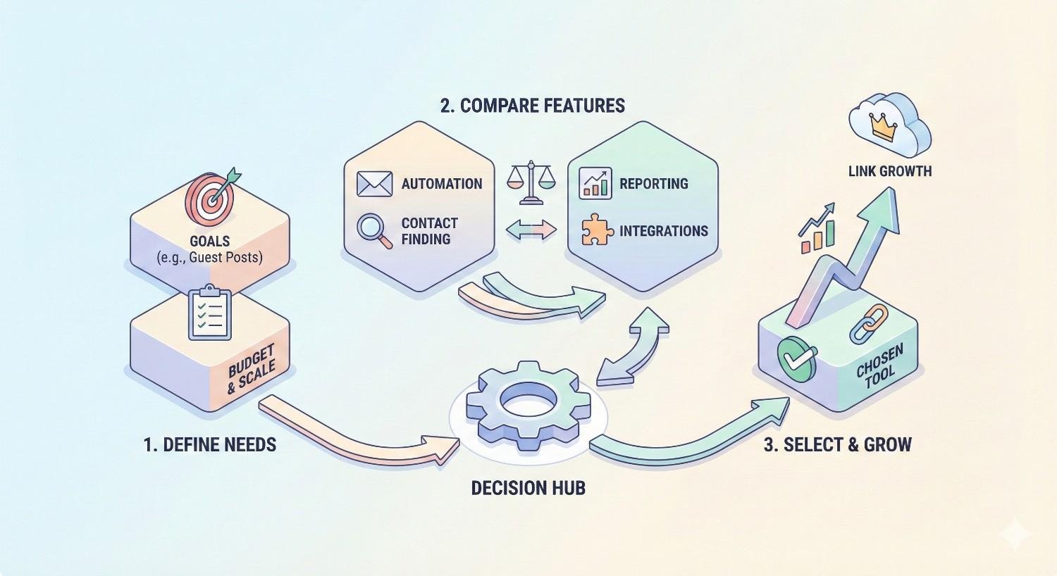 Diagram labeled “Link Building Outreach Tool” showing a central platform connected to prospecting and discovery, CRM relationship management, outreach automation with follow-ups, integrations, and analytics reporting, illustrated with icons for emails, charts, gears, handshakes, and SEO tools.