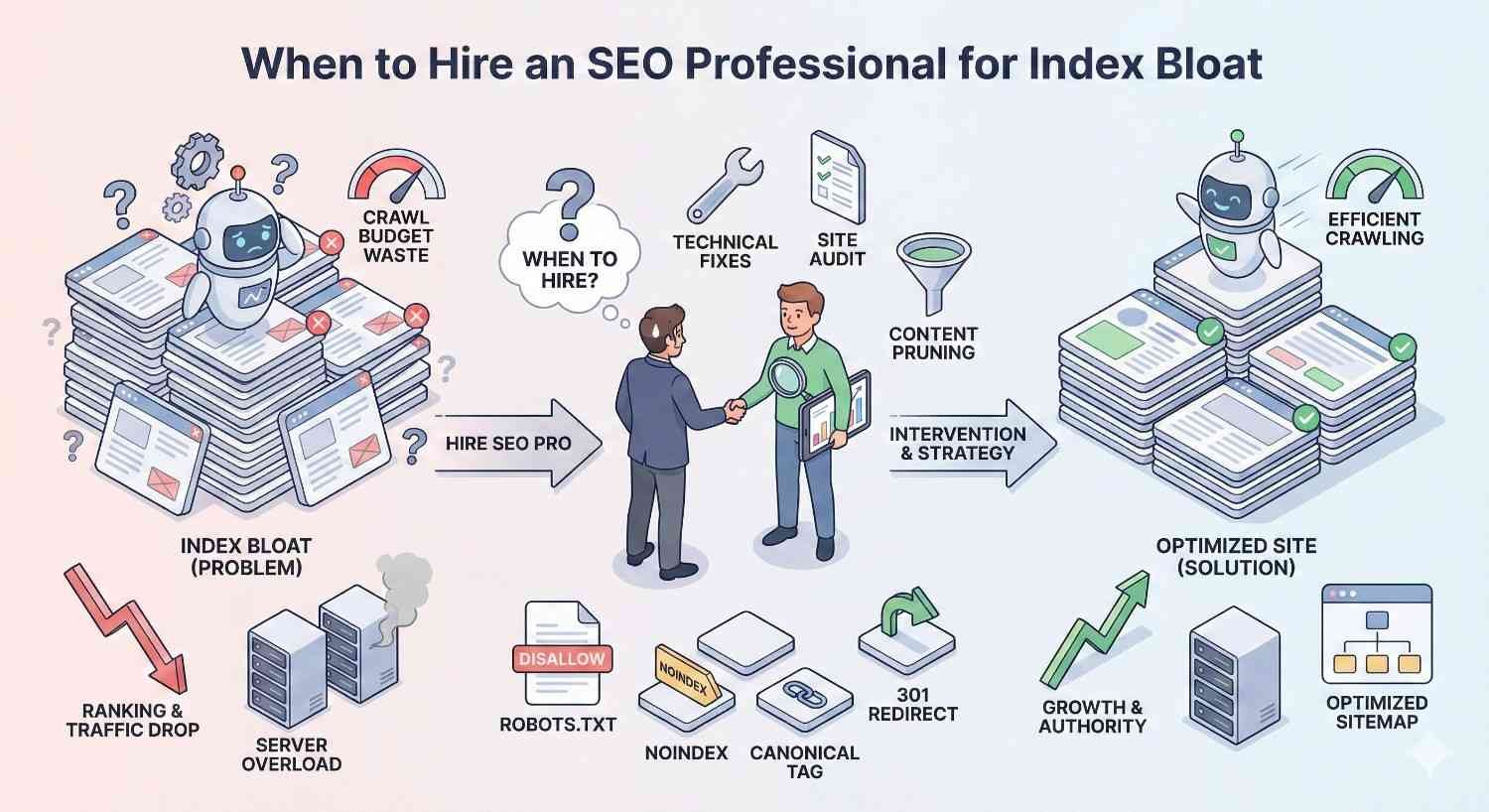 Infographic explaining when to hire an SEO professional for index bloat, showing crawl budget waste, ranking drops, and server overload as problems, and solutions like technical fixes, audits, content pruning, robots.txt, noindex, canonicals, redirects, and sitemaps leading to an optimized site and efficient crawling.