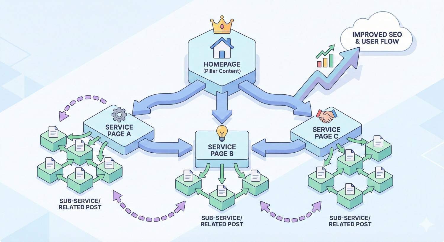 An illustrated site structure diagram shows a homepage pillar linking to multiple service pages, each connected to sub-service or related posts, forming an internal linking network that improves SEO, user flow, and overall website performance.