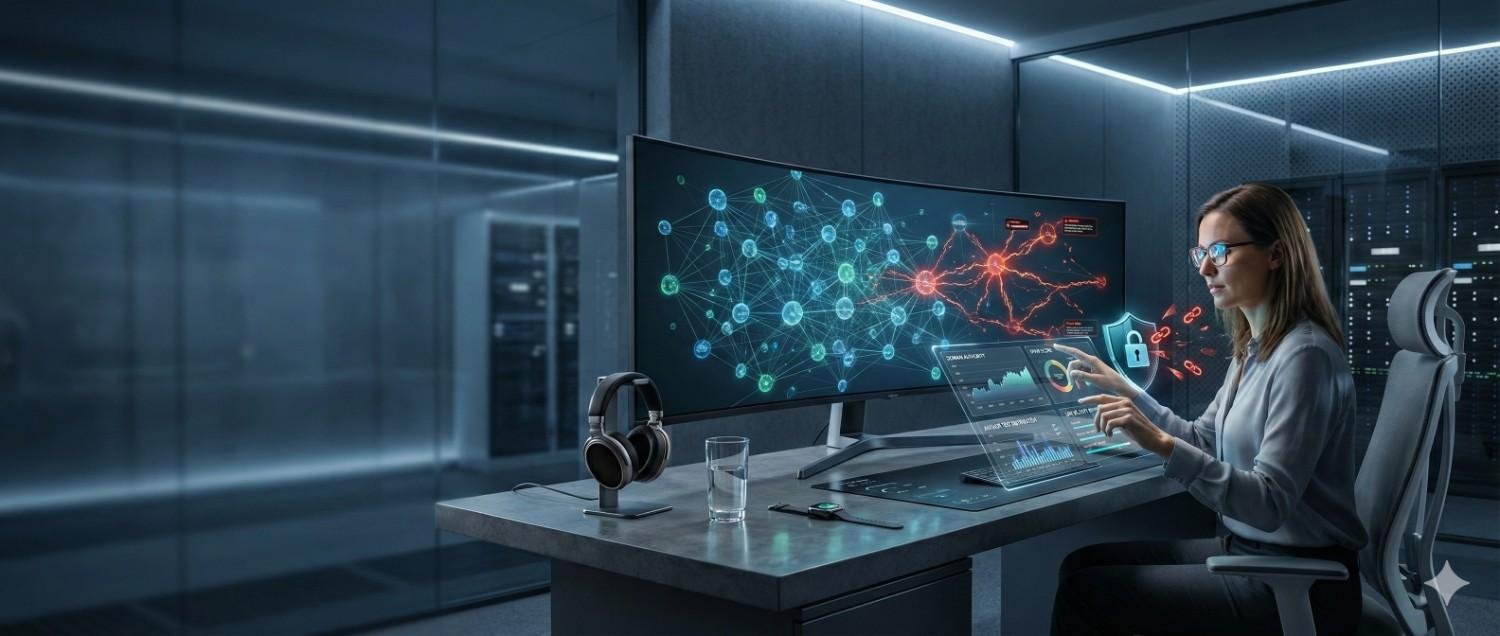 Woman in a high-tech control room interacting with transparent screens and a large monitor showing network graphs, threat paths, and security icons, suggesting cybersecurity analysis, data monitoring, and real-time system defense in a modern server environment.