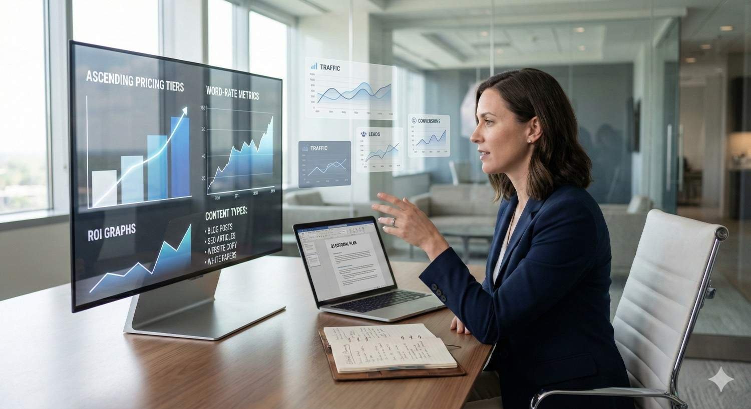 A businesswoman in a glass-walled office points at a large monitor displaying ROI graphs, traffic charts, and pricing tiers, while a laptop and notebook sit on the desk, suggesting analysis of content performance and growth metrics.