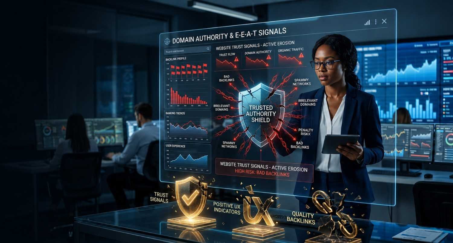 SEO analyst reviewing domain authority, E-E-A-T signals, and backlink quality on a digital dashboard. Visualization highlights trust signal erosion caused by spammy backlinks, irrelevant domains, and toxic link networks. Demonstrates how quality backlinks, positive user experience, and authoritative SEO practices strengthen rankings and organic traffic.