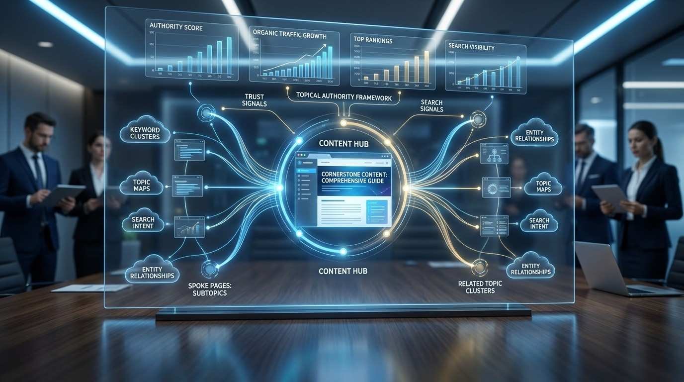 Content hub SEO strategy visualization showing topic clusters, entity relationships, search intent mapping, and cornerstone content architecture. Digital dashboard highlights topical authority, internal linking, keyword clustering, and organic traffic growth to improve search visibility, rankings, and website authority