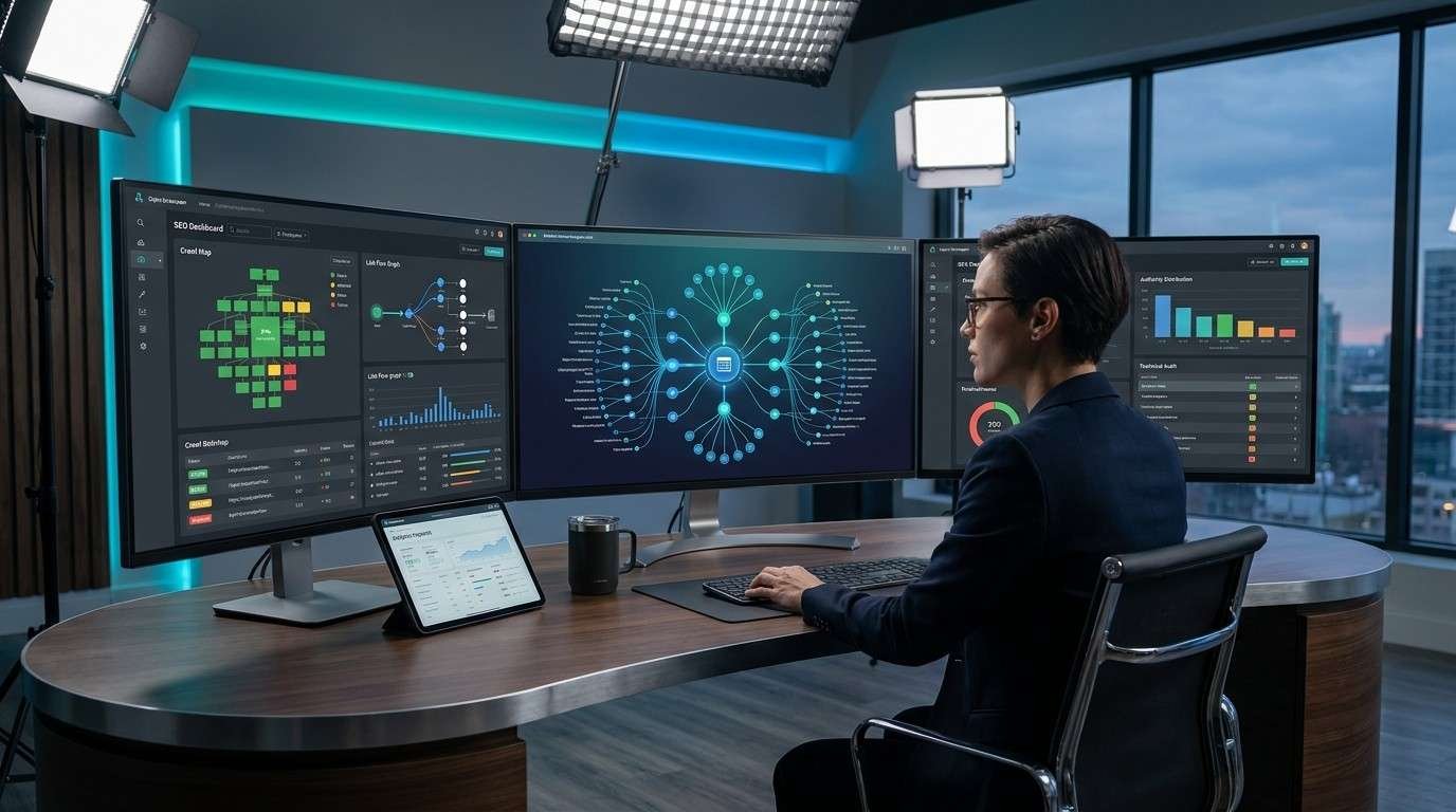 SEO analyst monitoring topic clusters, entity relationships, and content architecture on advanced digital dashboards. Multi-screen analytics display keyword performance, search visibility, internal linking structure, and topical authority metrics to improve organic traffic, website rankings, and overall SEO strategy