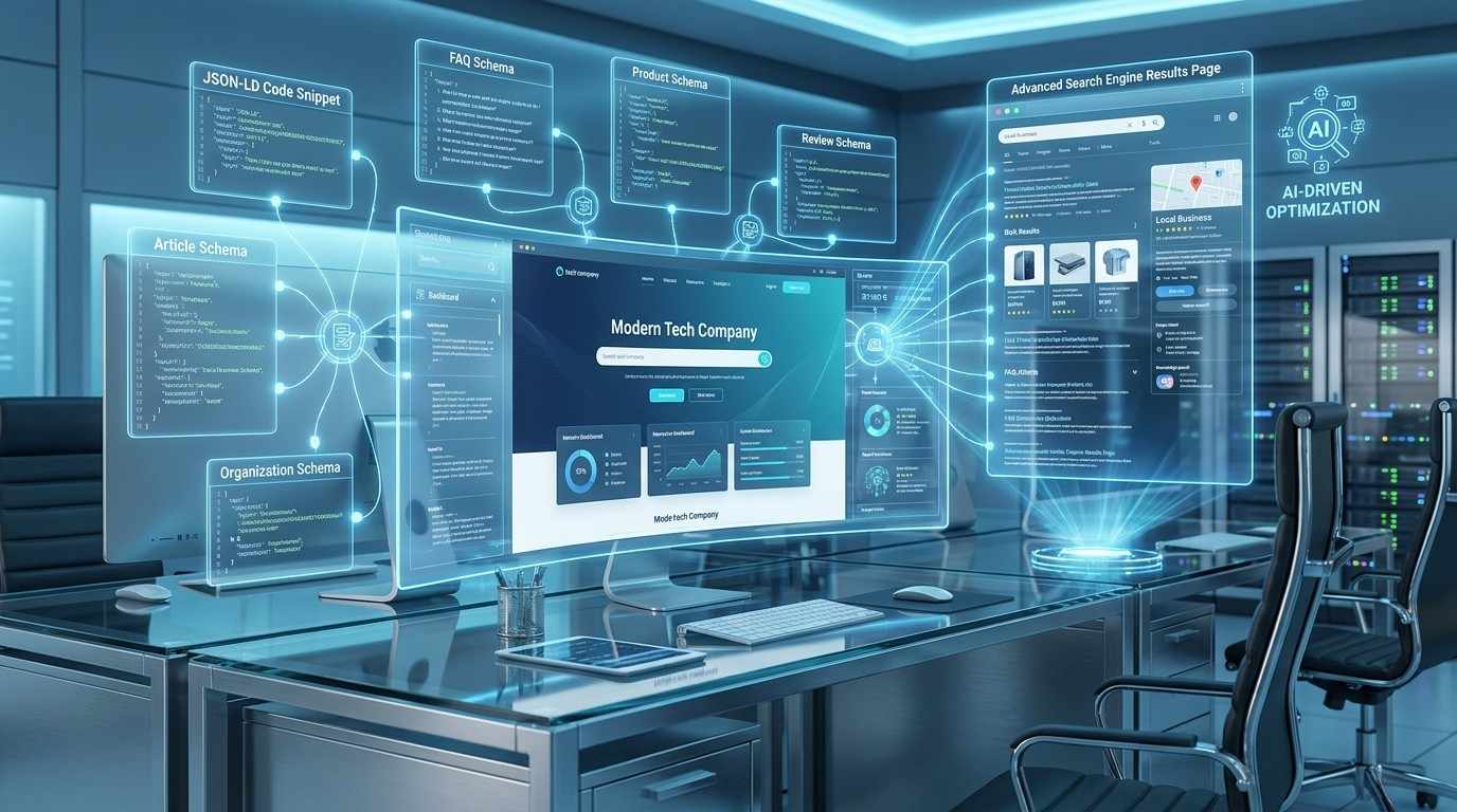 Advanced AI-powered SEO platform displaying structured data implementation, schema markup automation, enterprise search optimization, and technical SEO dashboards. Digital marketing technology workspace showcasing JSON-LD schema management, website optimization tools, and AI-driven search engine visibility solutions.