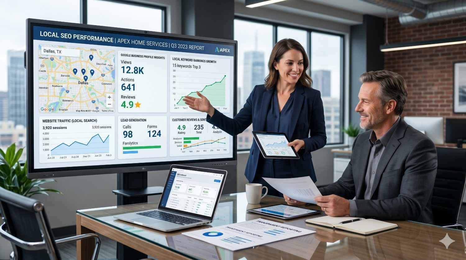 Local SEO consultant presenting a Google Business Profile performance report with local rankings, customer reviews, website traffic, lead generation, and map visibility metrics. Analytics dashboard showcases local search optimization strategies that improve Google Maps rankings, online reputation, customer acquisition, and business growth.