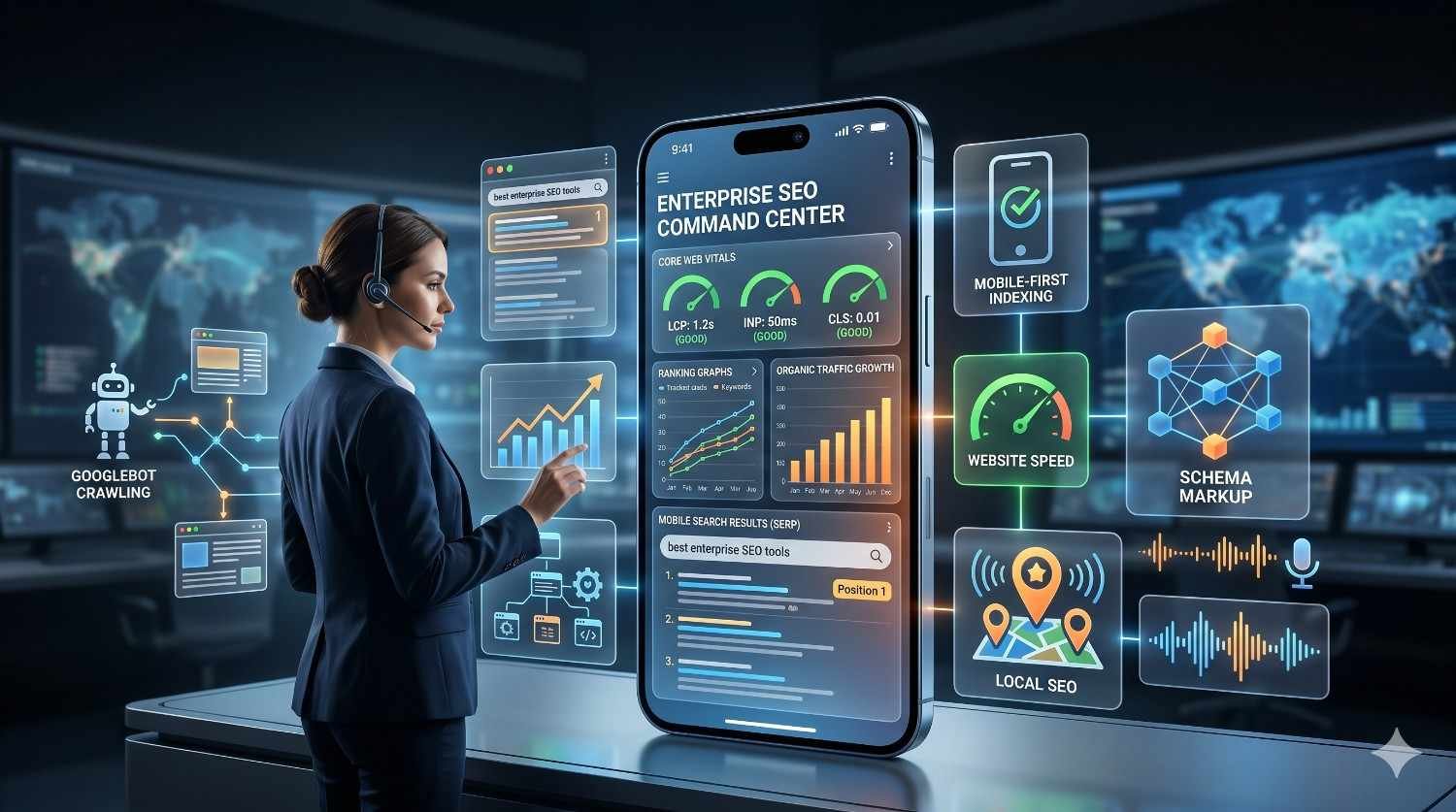 Enterprise SEO dashboard on a mobile device displaying Core Web Vitals, mobile-first indexing, schema markup, Googlebot crawling, website speed optimization, local SEO, and organic traffic growth, helping businesses improve search rankings, mobile performance, user experience, and online visibility