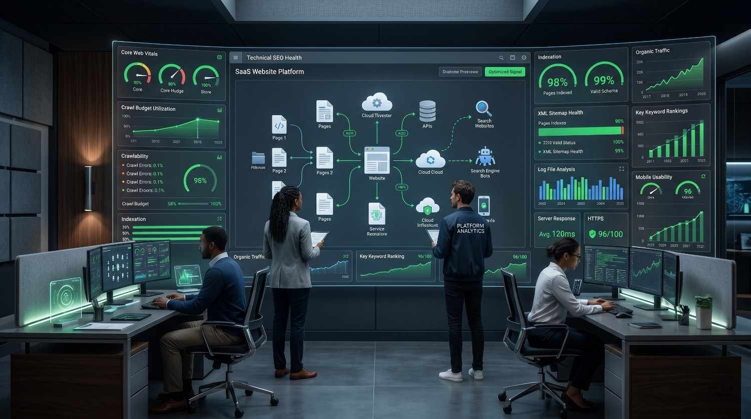 Technical SEO team monitoring SaaS website performance through an advanced analytics dashboard. Visualizations highlight Core Web Vitals, crawl budget optimization, indexation status, XML sitemap health, keyword rankings, organic traffic growth, mobile usability, server response times, and search engine crawling, showcasing enterprise technical SEO management and website optimization.