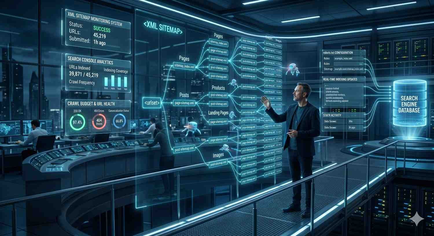 XML sitemap management dashboard displaying URL indexing, crawl budget monitoring, Search Console analytics, robots.txt configuration, and search engine crawling processes to improve website indexation, technical SEO performance, crawl efficiency, and organic search visibility across large websites