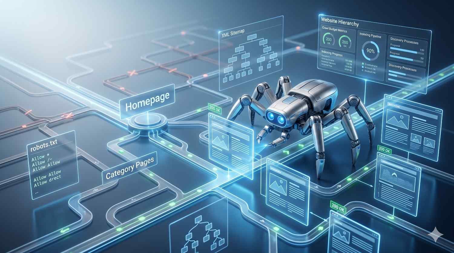 Technical SEO and website crawling visualization showing search engine bots analyzing website architecture, XML sitemaps, robots.txt files, category pages, and indexing processes to improve crawlability, indexation, site structure, search visibility, and overall SEO performance