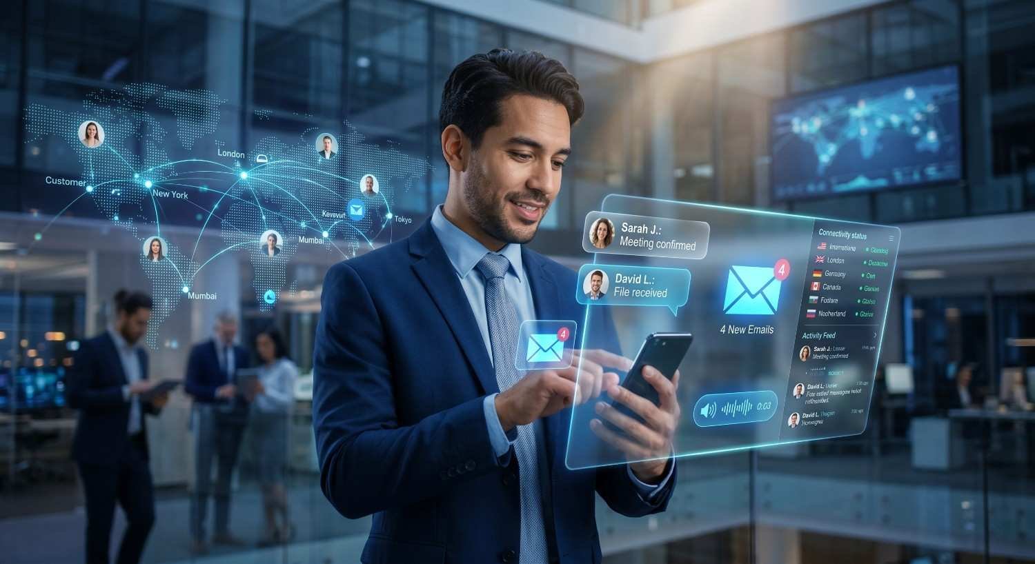 Business professional using a mobile communication platform with real-time email notifications, global collaboration tools, customer messaging, and workflow automation. Digital interface displays team connectivity, international communication, productivity tracking, and business networking analytics, highlighting modern workplace collaboration, remote communication, and enterprise digital transformation solutions.