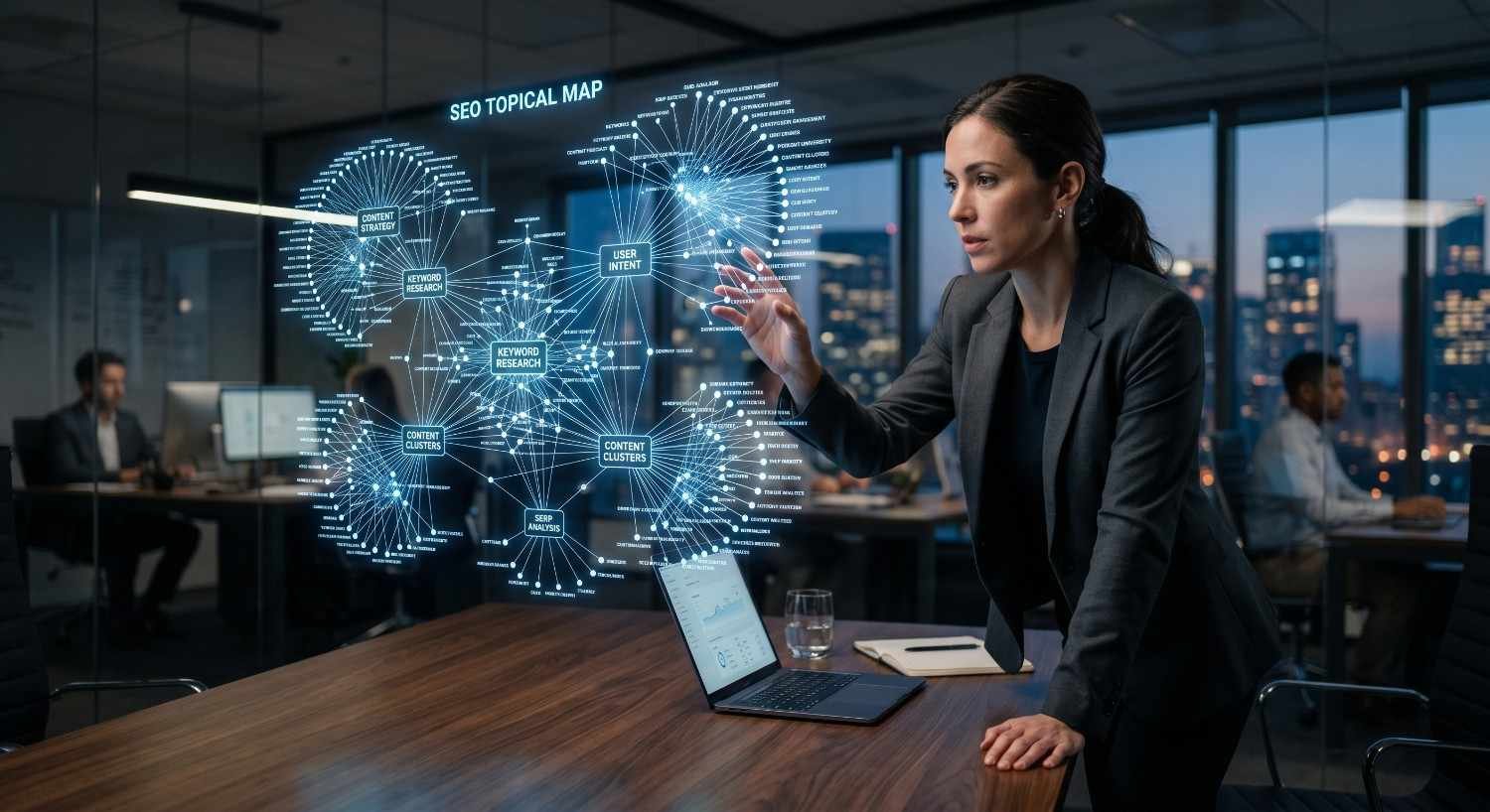 SEO strategist analyzing a topical map and content cluster framework to optimize keyword research, user intent, internal linking, and search engine rankings, improving website authority, content strategy, and organic traffic growth.