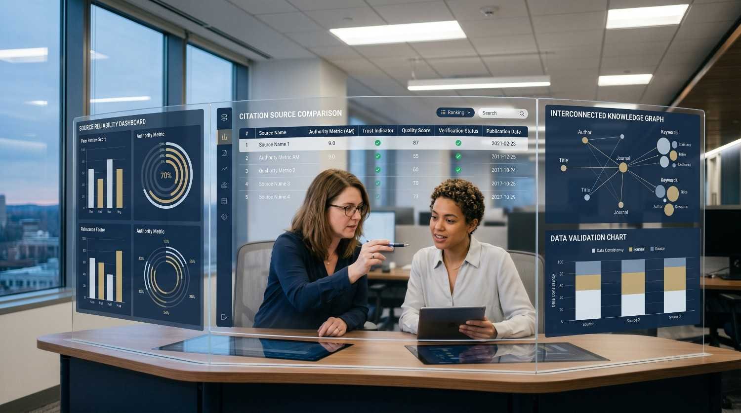 SEO analysts evaluating citation source quality, authority metrics, trust indicators, and knowledge graph connections to improve search visibility. The dashboard displays citation source comparison, data validation, entity relationships, and content credibility analysis, supporting entity SEO, topical authority building, citation management, and stronger organic search performance.