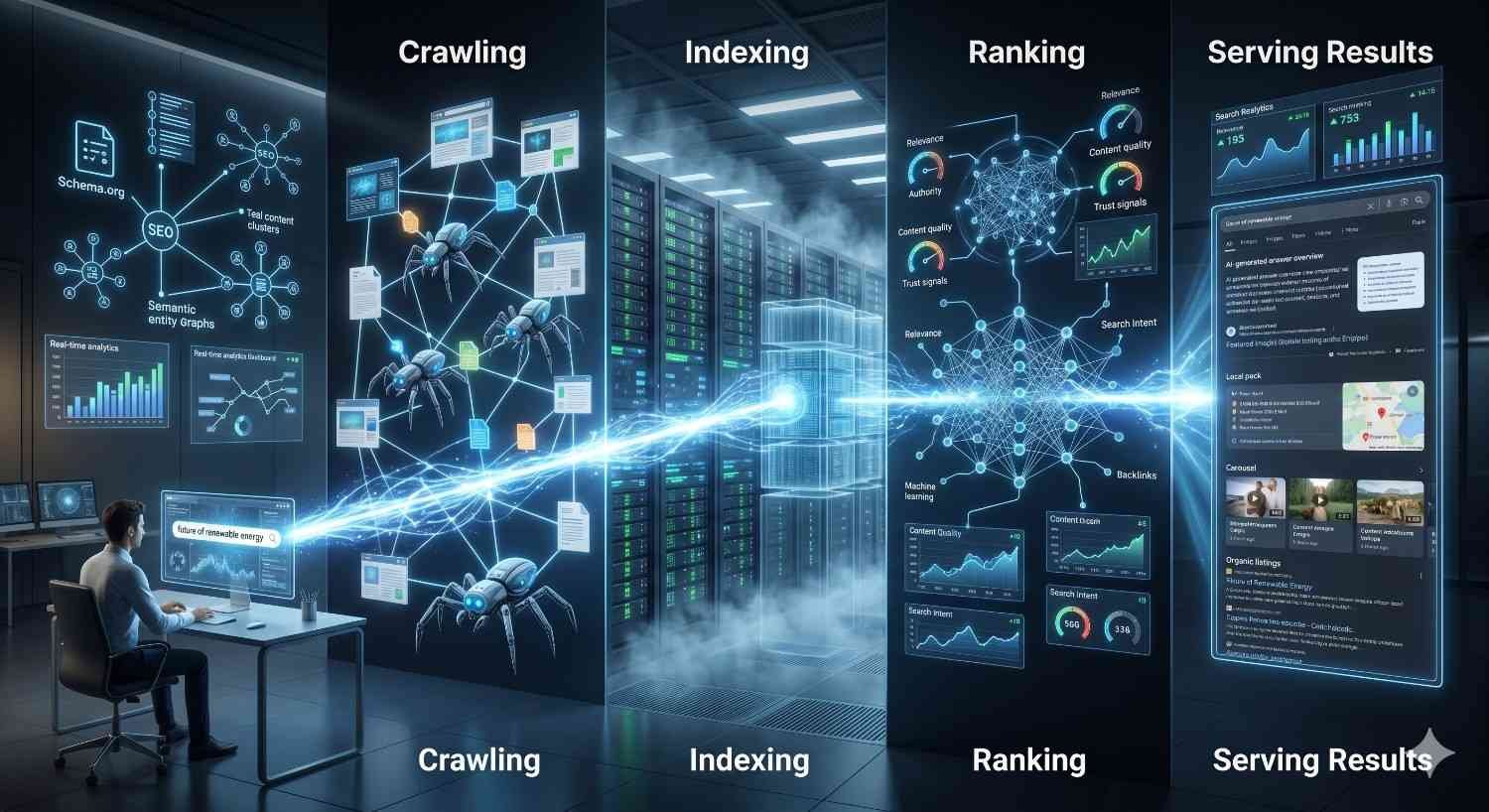 SEO process visualization illustrating how search engines discover, organize, evaluate, and display web content. The diagram highlights crawling, indexing, ranking, and serving results using interconnected data networks, semantic relationships, and analytics dashboards. A data center environment and search interface demonstrate the flow from content discovery to search result presentation.