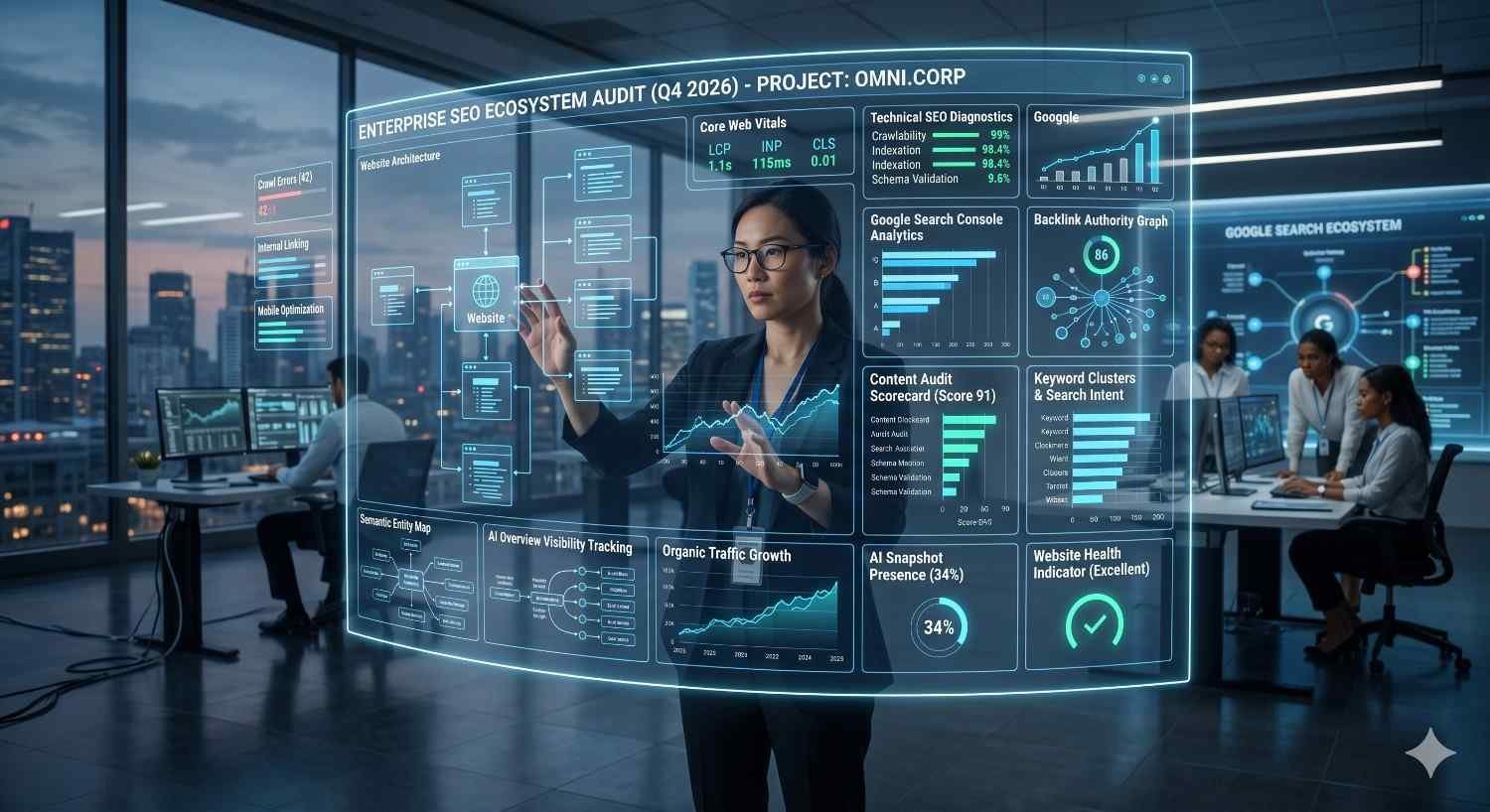 SEO analyst reviewing an enterprise SEO ecosystem audit through an interactive digital dashboard in a modern office. The display highlights website architecture, Core Web Vitals, technical diagnostics, content quality, keyword clusters, backlink authority, search analytics, and organic traffic growth. Team members collaborate nearby, emphasizing data-driven optimization and performance monitoring.
