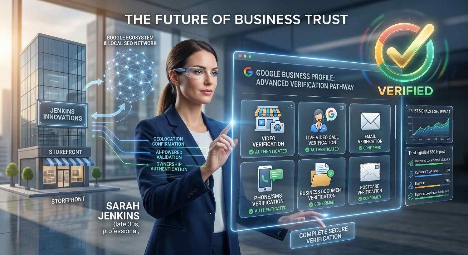 Google Business Profile verification process dashboard showing video verification, live video calls, email confirmation, phone verification, business document validation, and postcard verification. Business owner authenticates a local storefront to improve local SEO, trust signals, search visibility, online credibility, and Google Maps rankings through verified business information.