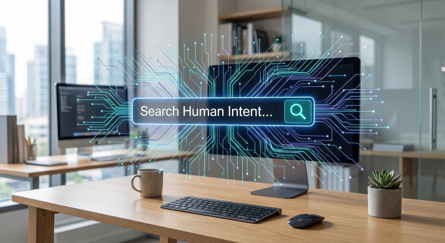 Search human intent visualization on a digital search interface, illustrating AI-powered keyword research, user behavior analysis, and intent-driven SEO strategy. Modern workspace highlights how understanding search intent improves content relevance, organic rankings, search engine visibility, and website traffic through data-driven digital marketing optimization.