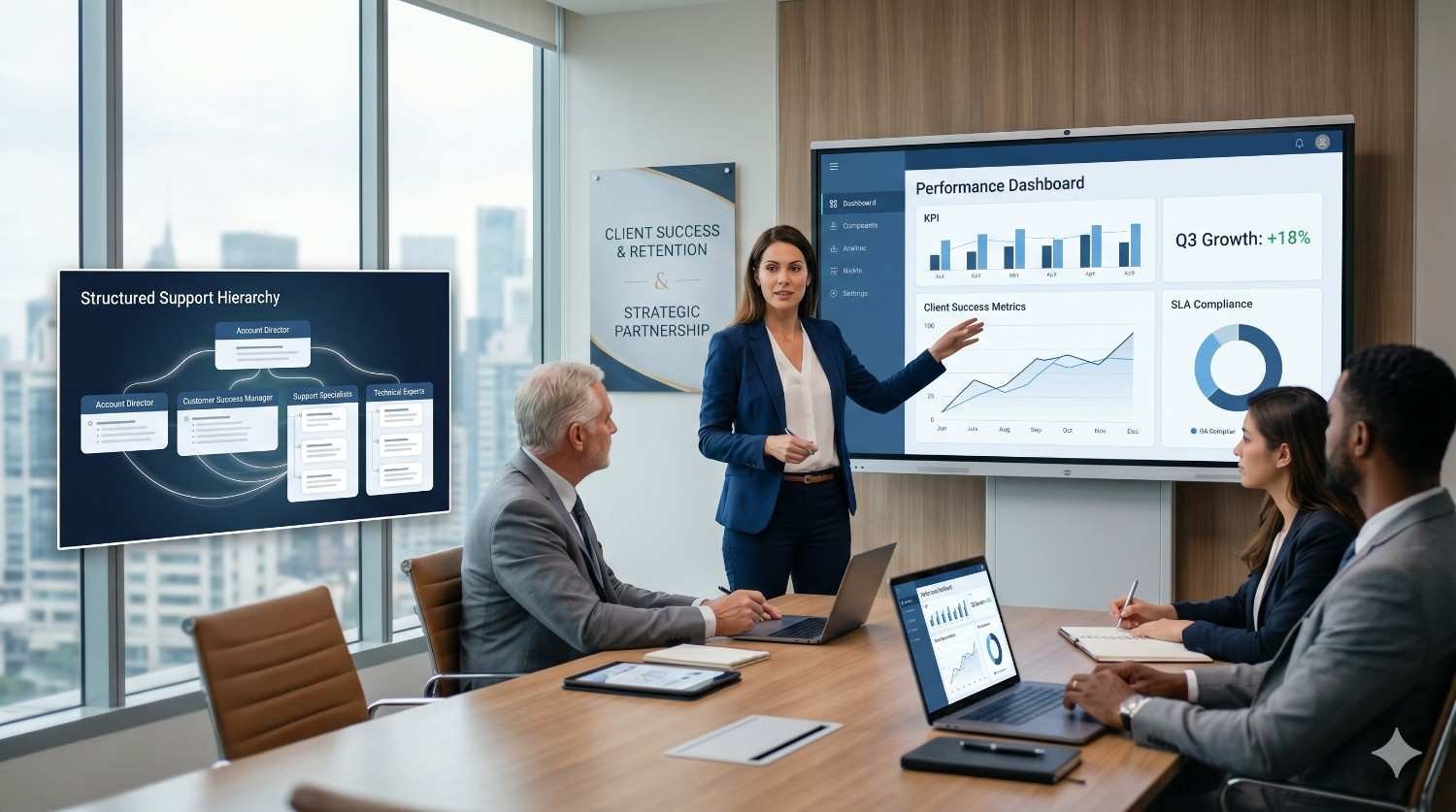 Client success and account management team reviewing performance dashboards, KPI tracking, SLA compliance, customer retention metrics, and strategic partnership initiatives. Business presentation focused on client success management, service delivery optimization, account growth, customer satisfaction, and long-term business relationship development.