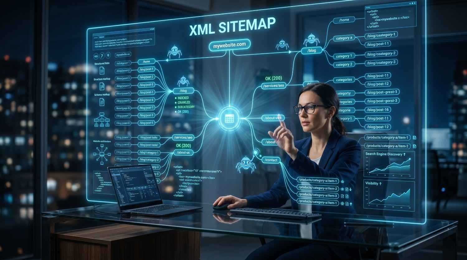 Technical SEO expert analyzing an XML sitemap and website architecture dashboard displaying URL hierarchy, crawl status, indexing signals, structured data, and search engine discovery paths. Visualization highlights sitemap optimization, website crawlability, index coverage, and SEO performance metrics designed to improve organic rankings and search visibility.
