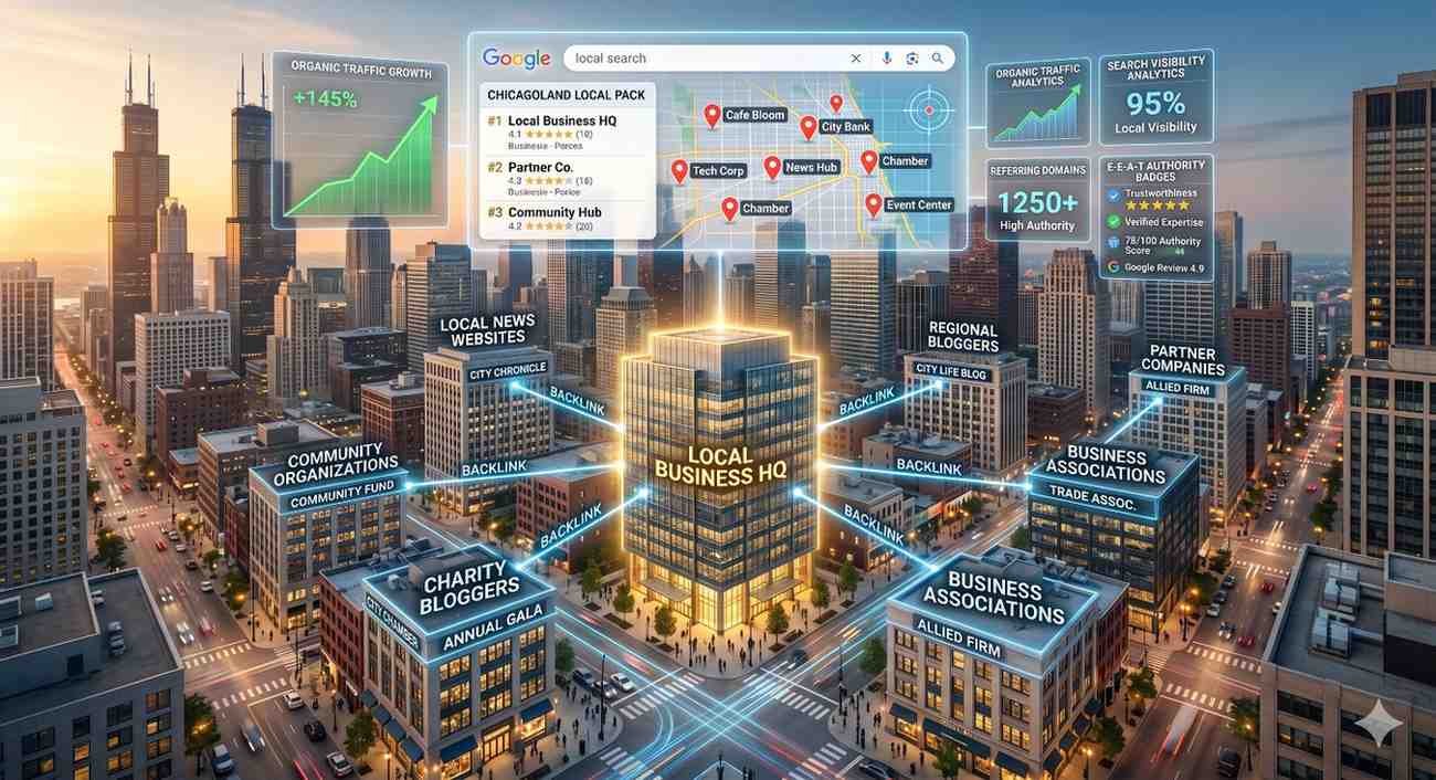 Citywide local SEO illustration showing a business headquarters connected to community organizations, local news sites, bloggers, associations, and partner companies through backlink networks. Overlaid dashboards display Google local pack rankings, organic traffic growth, search visibility, authority metrics, and map listings, emphasizing local search optimization, citations, and regional online presence.
