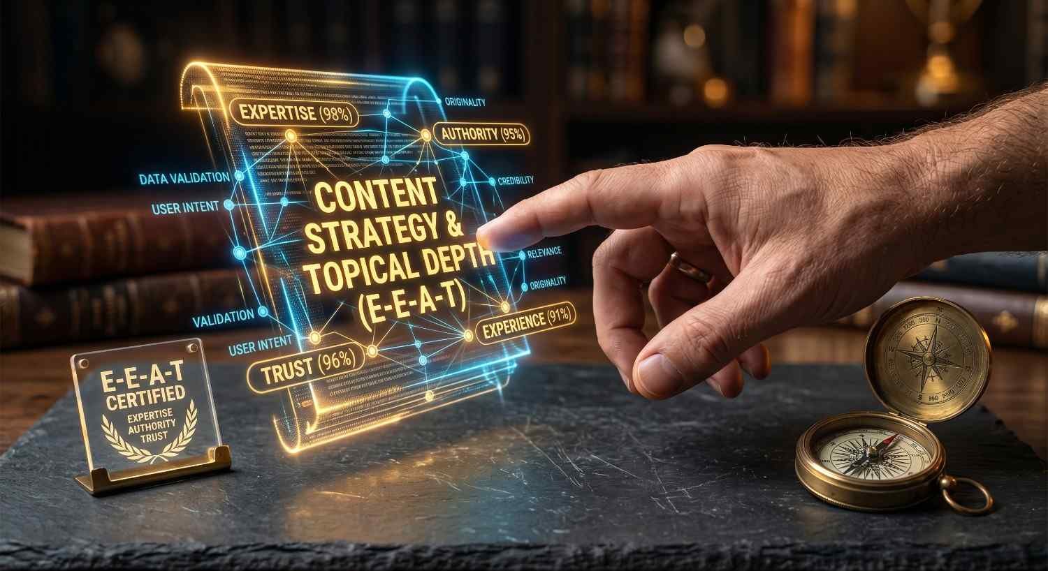 E-E-A-T content strategy visualization highlighting expertise, experience, authoritativeness, and trustworthiness for SEO success. Digital framework demonstrates topical authority, user intent alignment, content credibility, and data validation to improve search rankings, organic visibility, and Google quality signals through authoritative content marketing and SEO optimization.