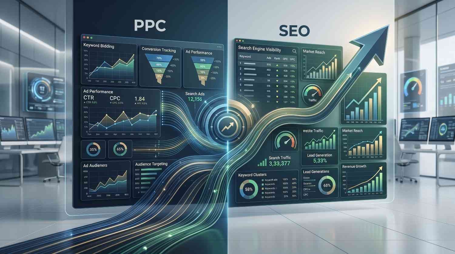 PPC vs SEO performance comparison dashboard illustrating paid advertising and organic search strategies. Analytics showcase keyword targeting, conversion tracking, audience engagement, search visibility, traffic growth, lead generation, and revenue optimization, helping businesses balance short-term results with sustainable long-term digital marketing success