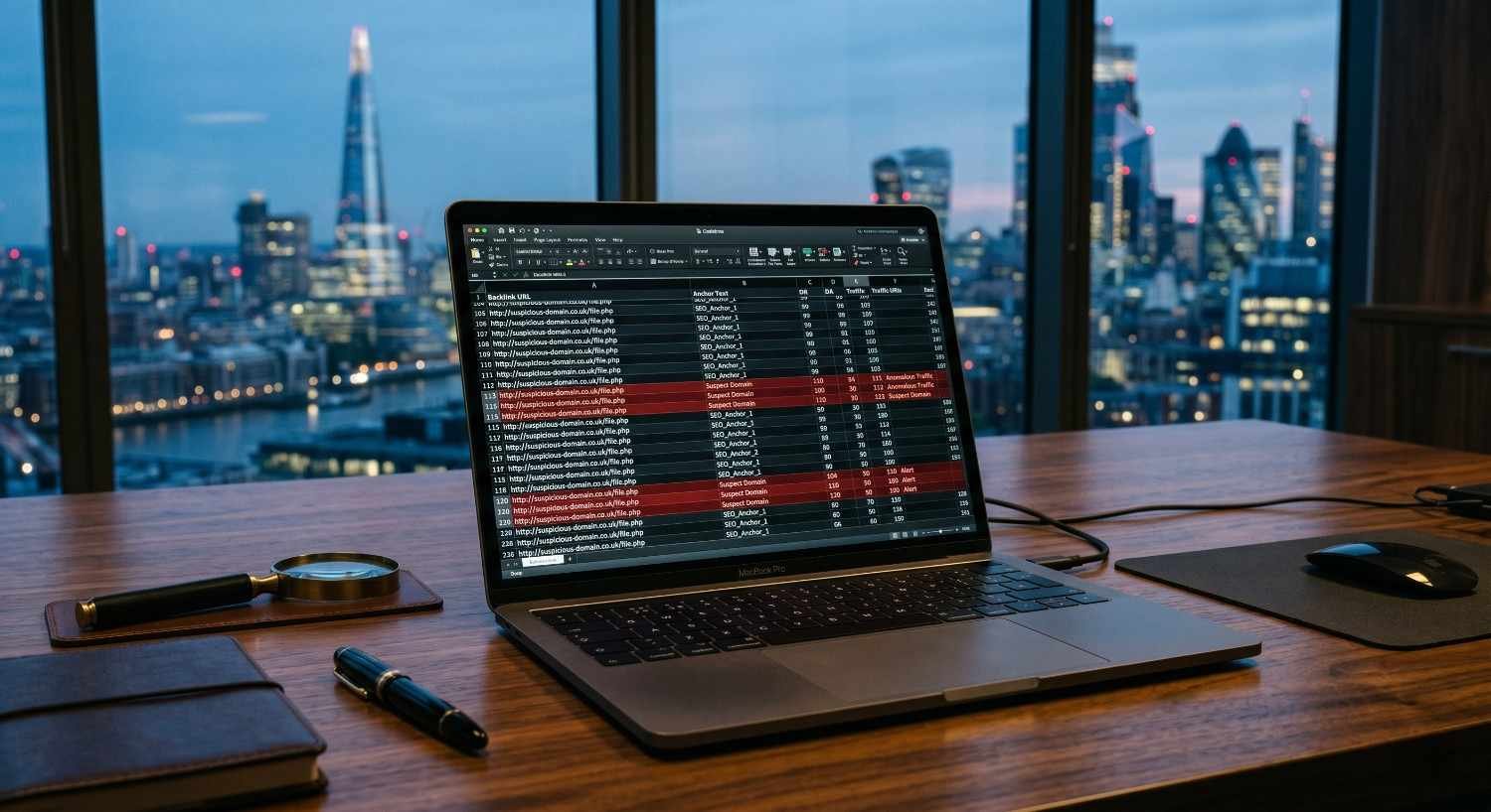 Backlink audit spreadsheet displayed on a laptop in a modern office, analyzing referring domains, toxic links, anchor text, and link quality metrics. SEO workflow focuses on backlink monitoring, link profile management, domain authority improvement, and search engine optimization strategies to boost organic rankings and traffic.